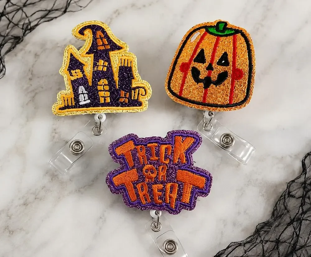 3 Pc Halloween Retractable Badge Reel Set Glitter Embroidered ID Holder Clip
